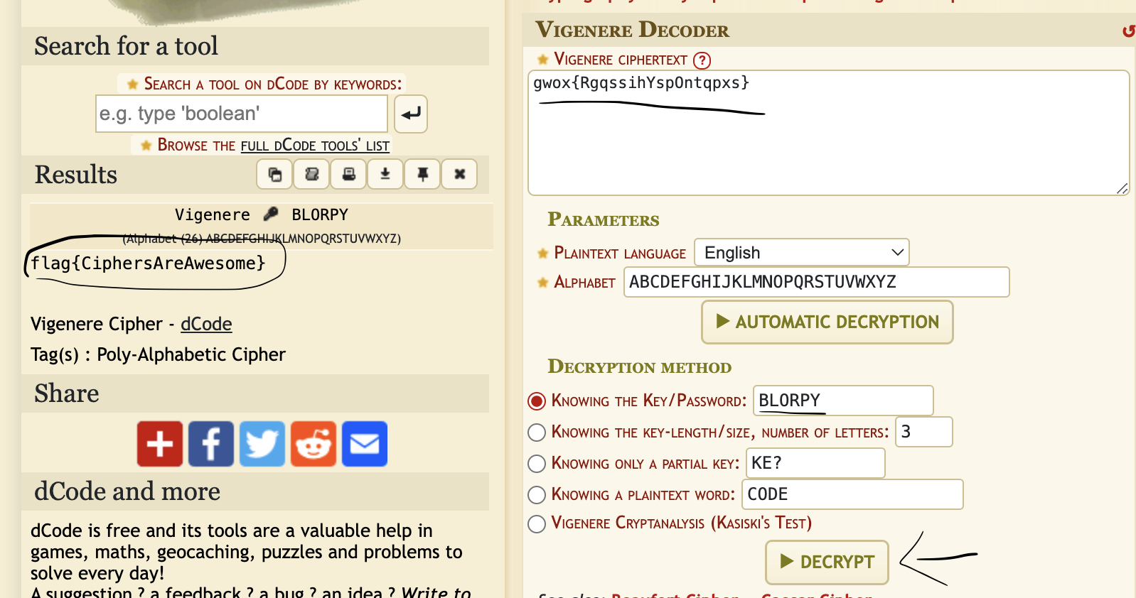 Image showing how to decode the cipher with dcode.fr